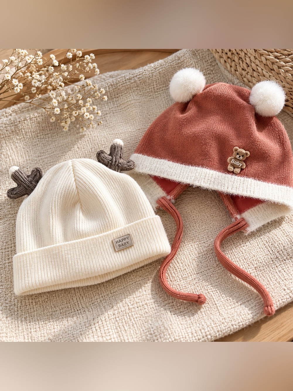 2 Baby Winter Knit Hats Bundle Reindeer Antler Pom Pom Earflap 40-44cm, NWOT